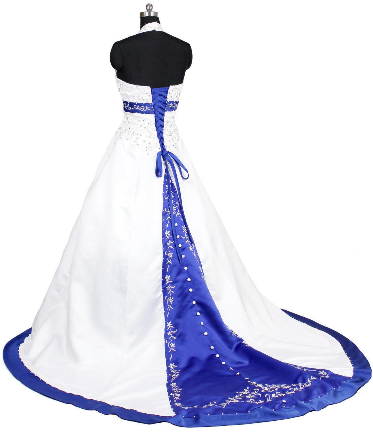 Royal Blue Wedding Dresses Long New Satin Halter Beaded Sequined Chapel ...