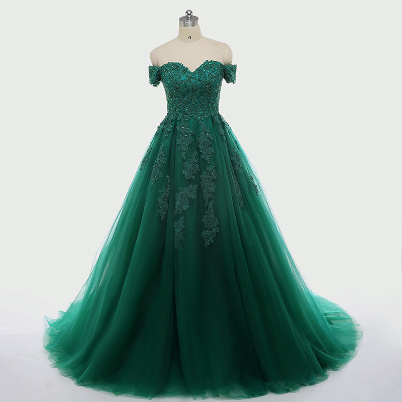 2017 Sexy Dark Green Lace Applique Quinceanera Dresses Short Sleeve Ball Gown For 15 Prom Party Dress Custom Chapel Train Prom Gowns Sweet 16