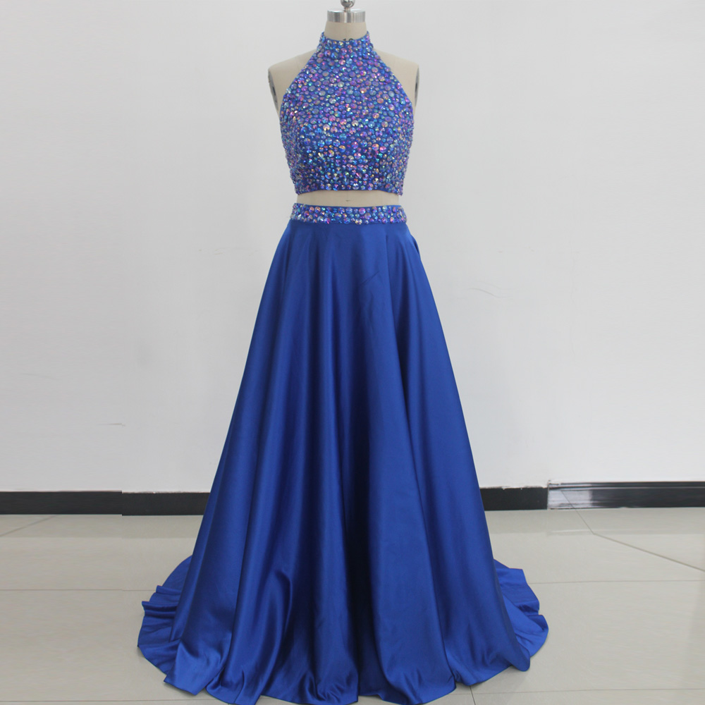 Royal Blue Long Satin A-line Formal Dress Featuring Beaded Bodice And High Neck,long Elegant 2 Piece Backless Prom Dresses
