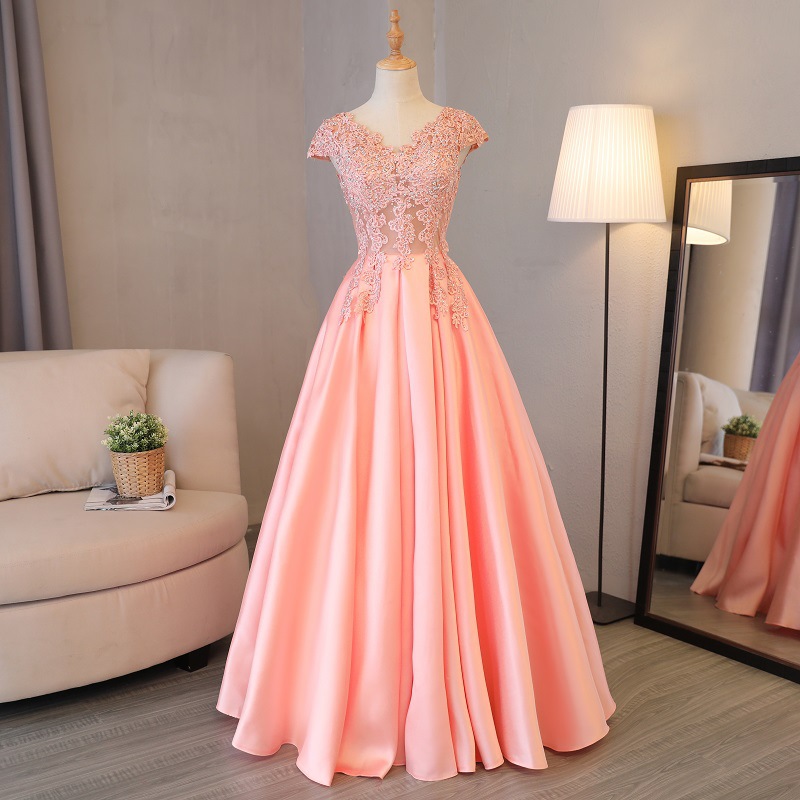 Pink Cap Sleeve V Neck Satin A Line Prom Dress With Beads And Lace Embellishment