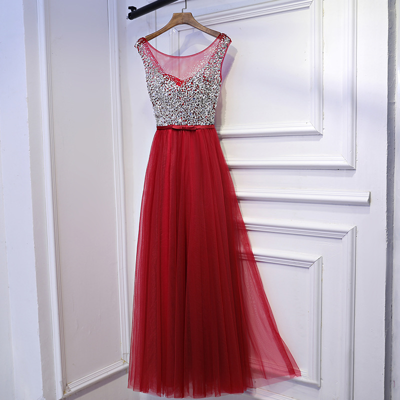 Scoop Sheer Tulle A-line Long Prom Dress, Evening Dress With Rhinestone Embellishment And Lace-up Back
