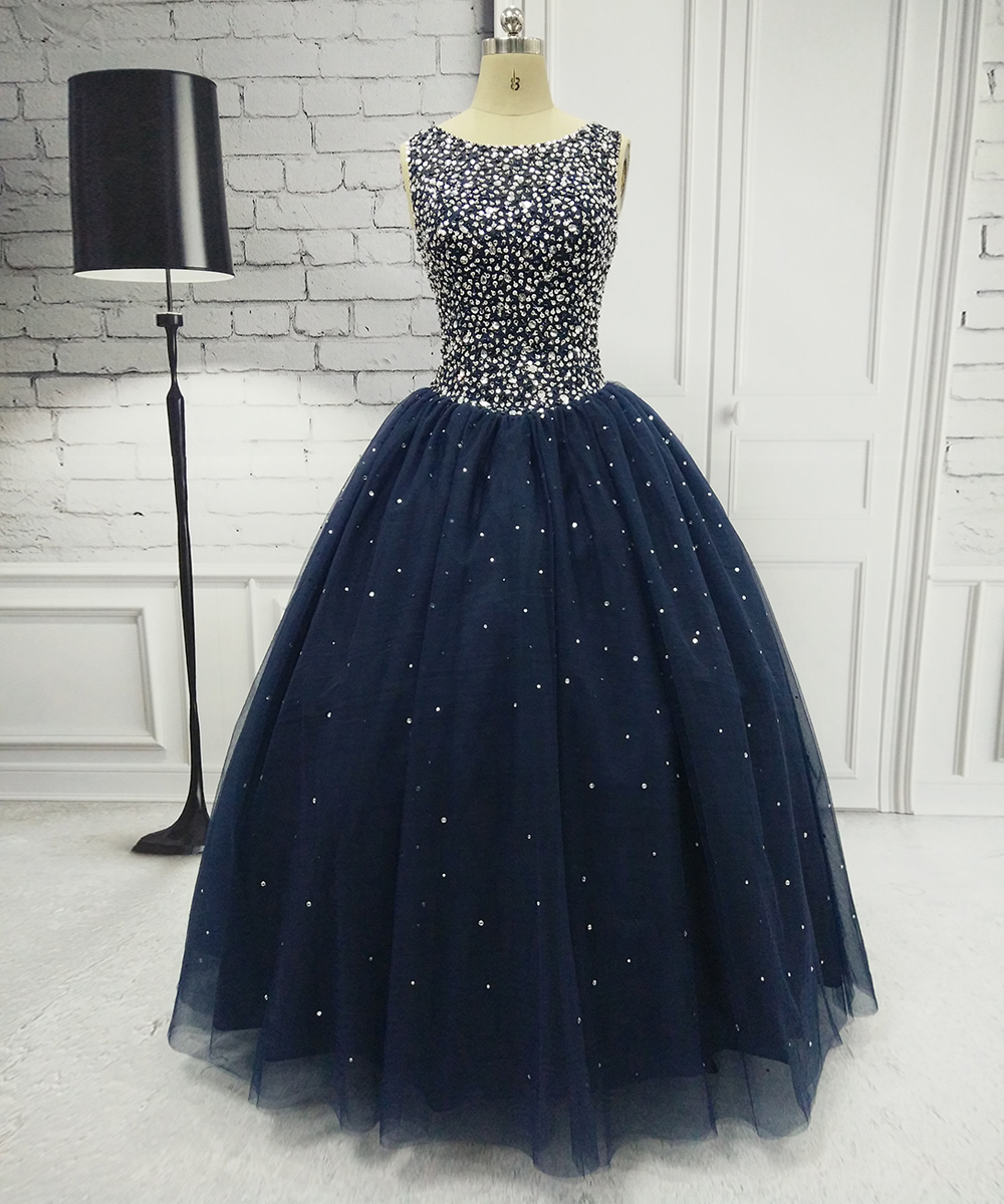 Floor Length Navy Blue Backless Ball Gown Formal Dresses With Jewel-embellished Bodice , Long Elegant Prom Dresses , Wedding Dress