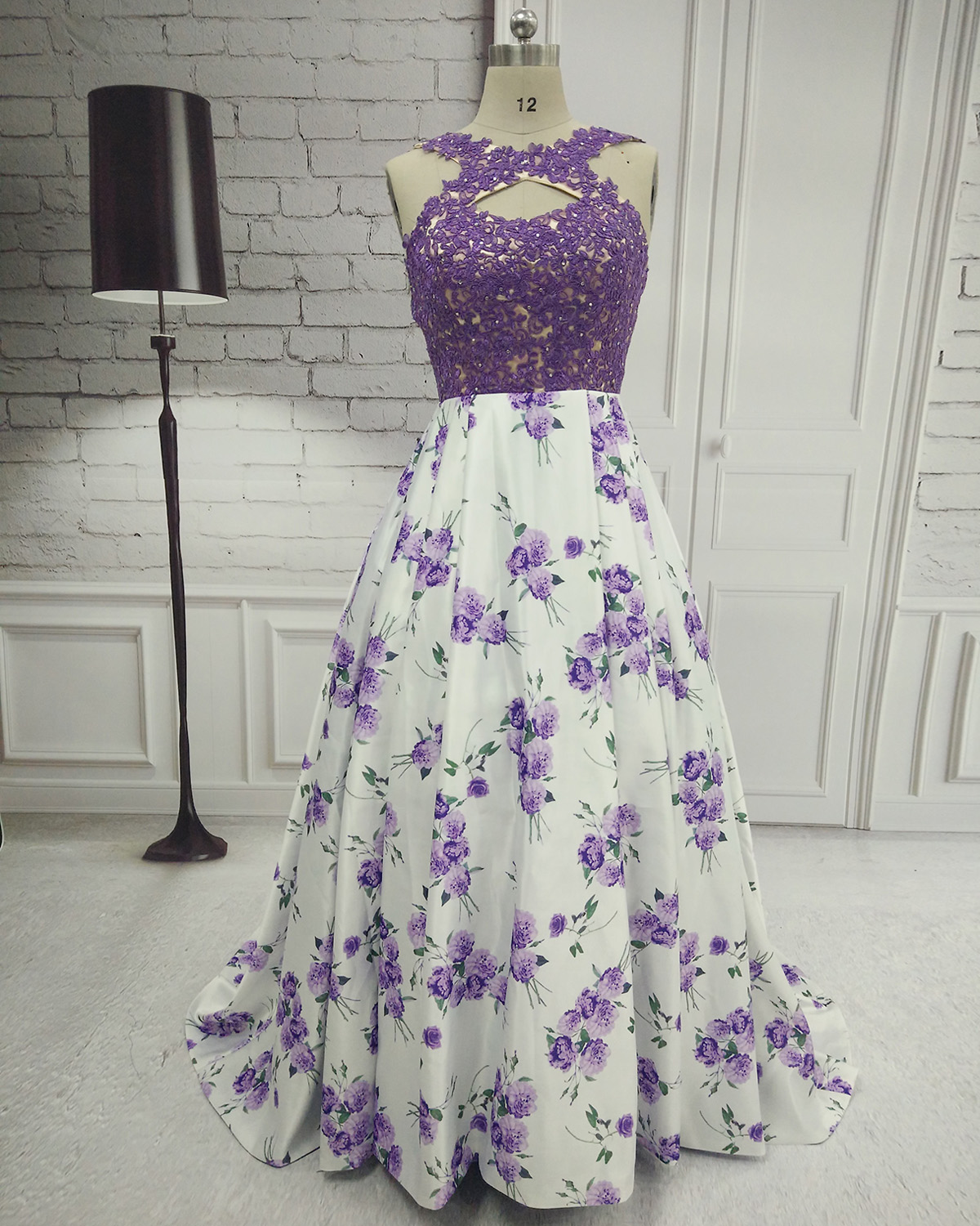 Long Purple A Line Prom Dresses With Lace Applique Bodice And Print Floral Skirt