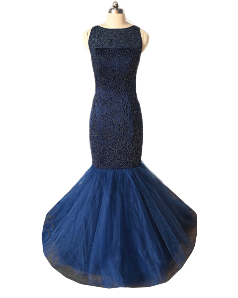 Floor Length Navy Blue Mermaid Prom Dress Featuring Sheer Neck And Zipper Back ,long Elegant Formal Evening Gowns