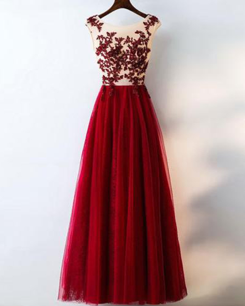 Luxury Burgundy Lace Applique A Line Prom Dress With Sheer Neck And Zipper Back