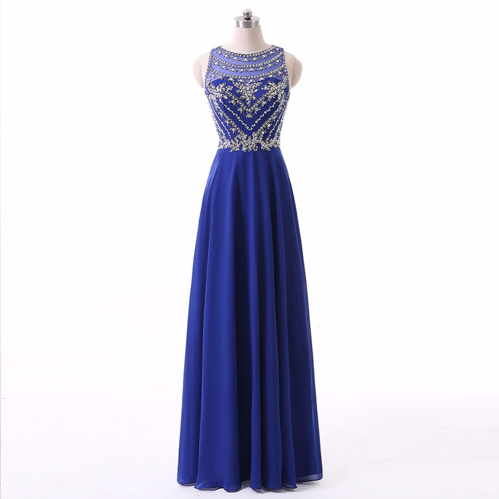 Luxury Royal Blue A Line Chiffon Prom Dress With Sheer Neck And Beaded See Through Back