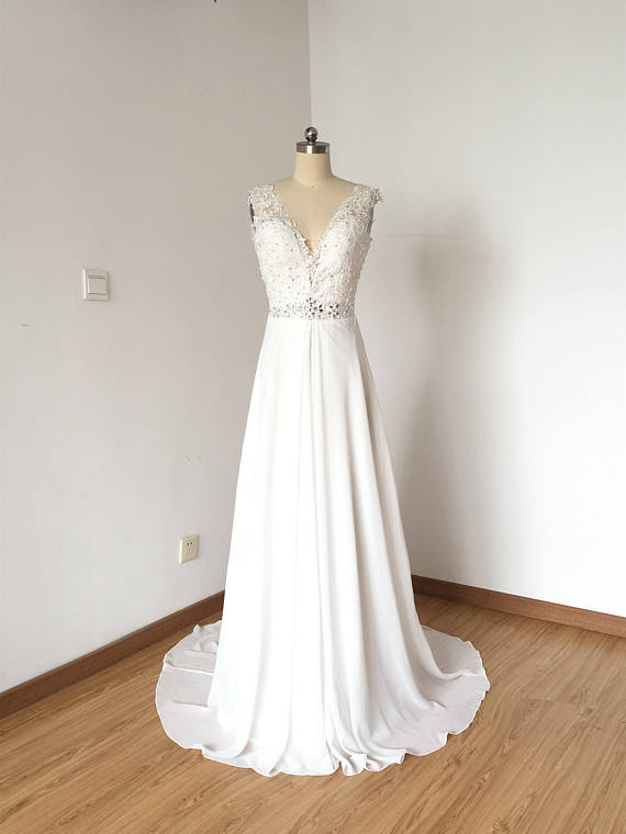 Lace Appliques Plunge V Sleeveless Floor Length Chiffon A-Line Wedding Dress Featuring Open Back and Train