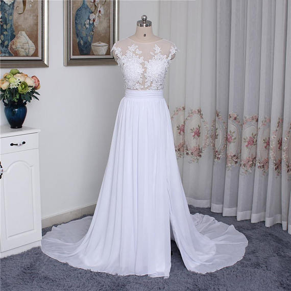 Lace Appliques Mesh Crew Neck Cap Sleeves Floor Length Chiffon A-line Wedding Dress Featuring Slit And Sweep Train