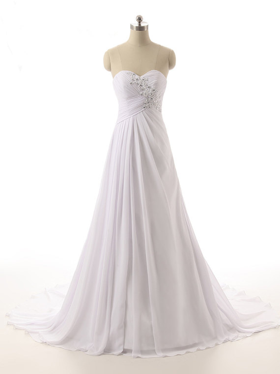 Beaded Embellished Ruched Sweetheart Floor Length Chiffon A-line Wedding Dress Featuring Lace-up Back And Train