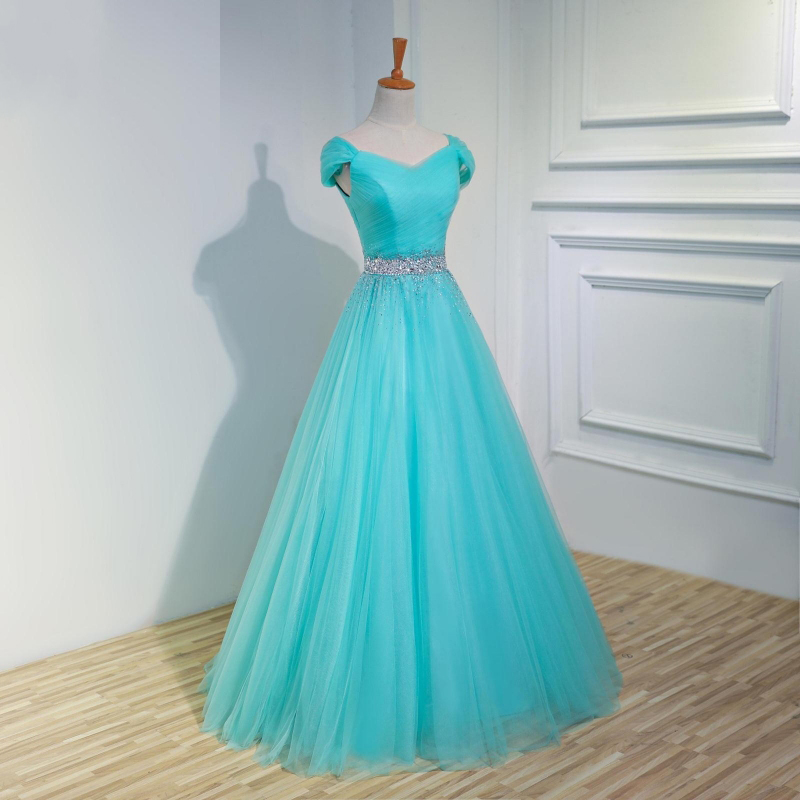 Elegant Long Blue Prom Dresses Featuring Cap Sleeve And Beaded Belt -- Sexy Formal Dress, Party Dresses