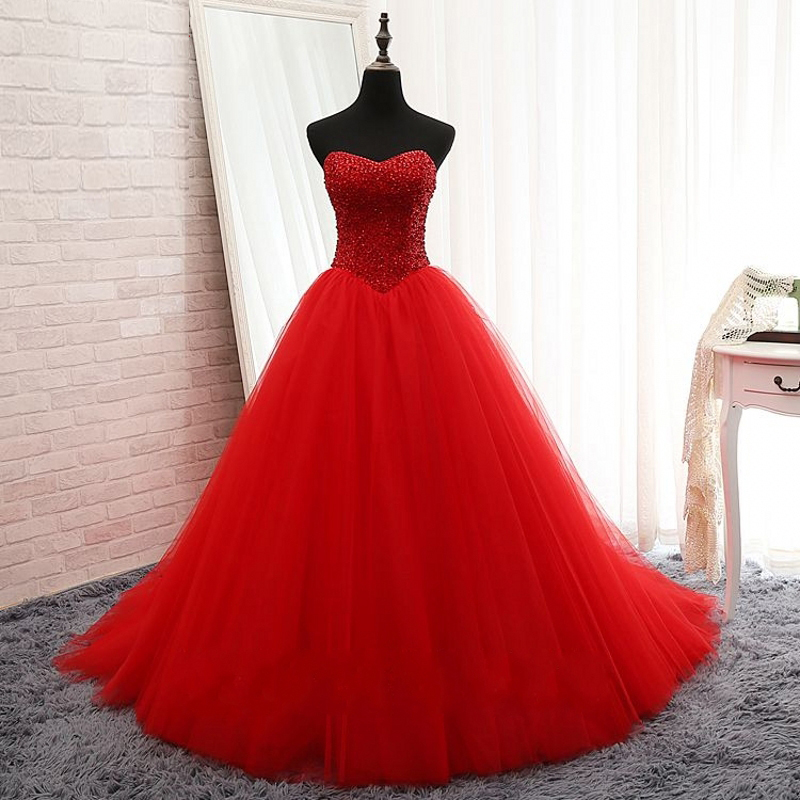 Long Red Beaded Tulle Prom Dresses Featuring Sweetheart Neck -- Sexy Formal Dress, Party Dresses,long Ball Gown