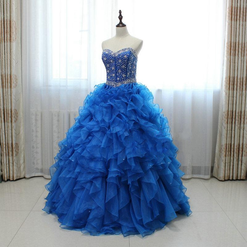 Long Royal Blue Blue Beaded Organza Prom Dresses Featuring Sweetheart Neck -- Sexy Formal Dress, Party Dresses, Ball Gown