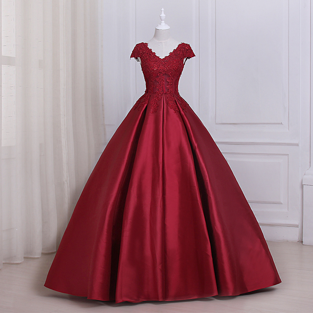 Burgundy Satin Lace Applique Prom Dresses Featuring Scoop Neckline -- Long Formal Dress, Party Dresses