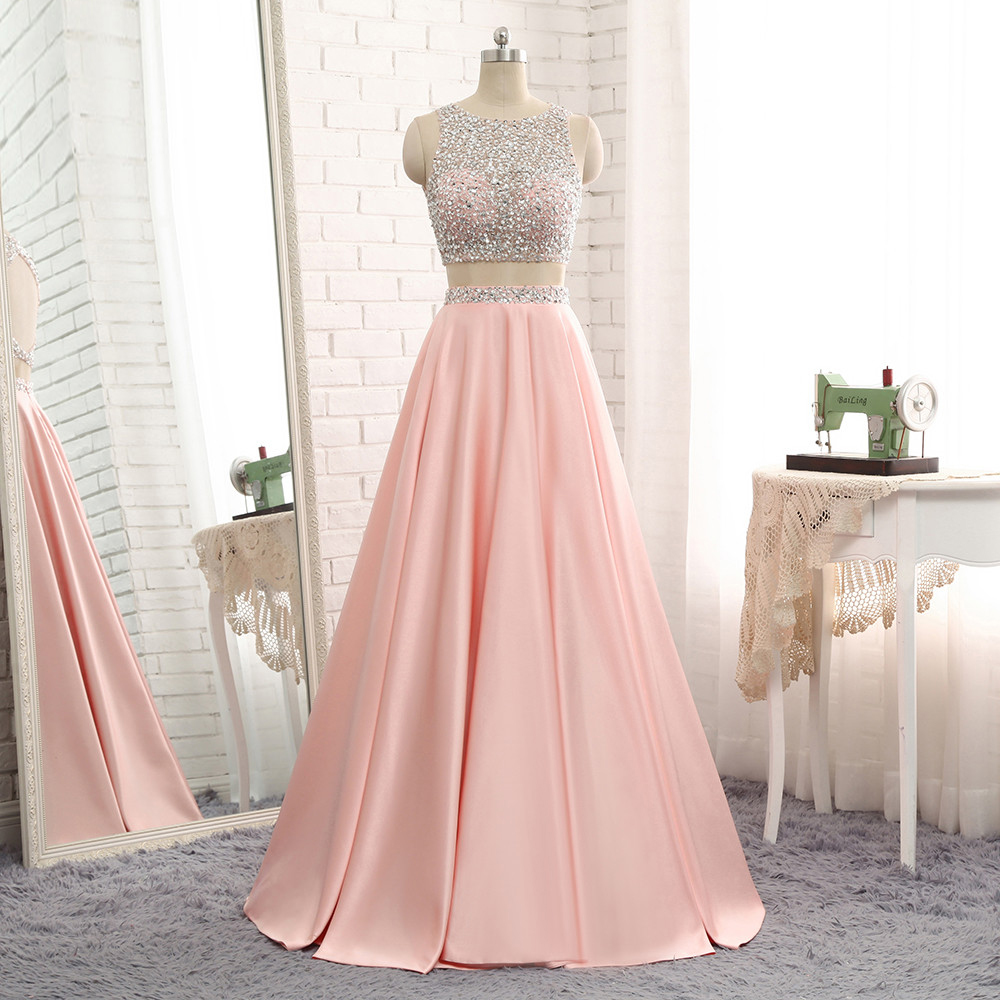 Sexy Pink Evening Dresses With Scoop Neck Long Elegant Backless 2 Piece Prom Dresses Formal Gowns