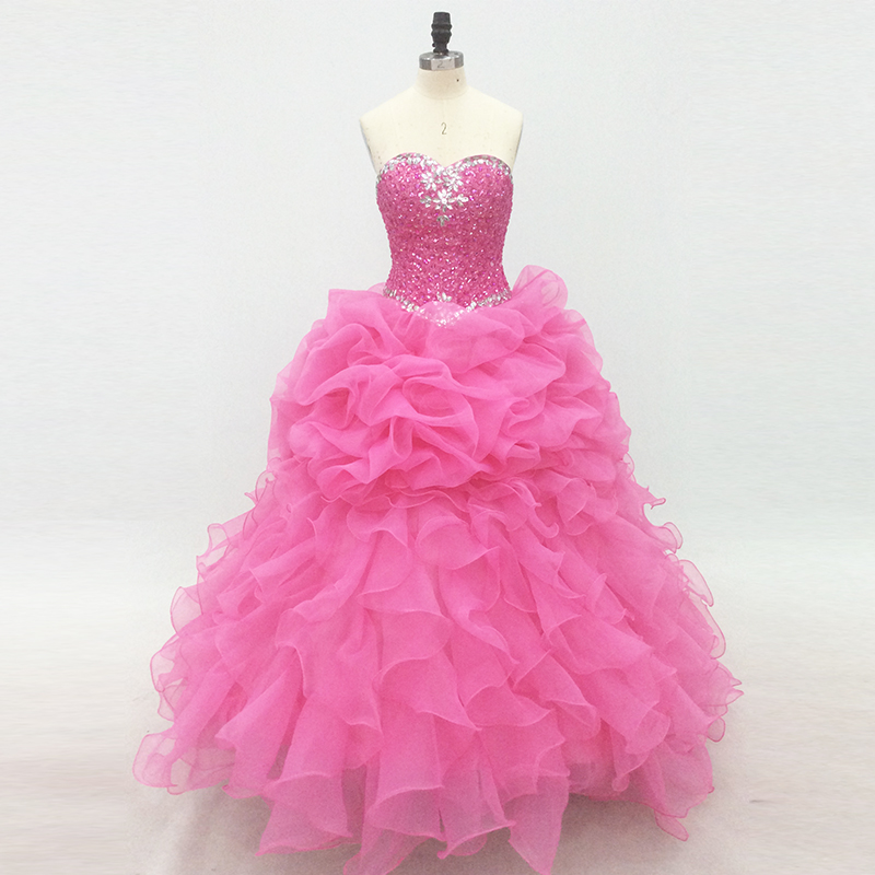 Pink Evening Dresses Long Elegant Lace-up Organza Prom Dress With Beaded Bodice Formal Gowns
