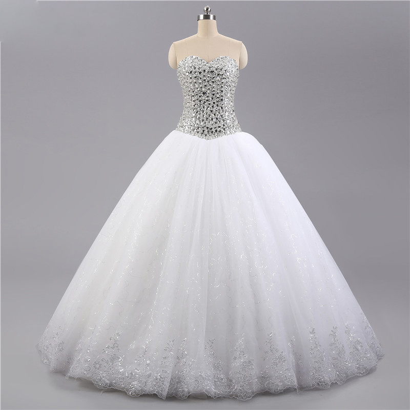 Luxury White Prom Ball Gowns, White Rhinestone Prom Dresses,Long Sweetheart Prom Dresses 2018