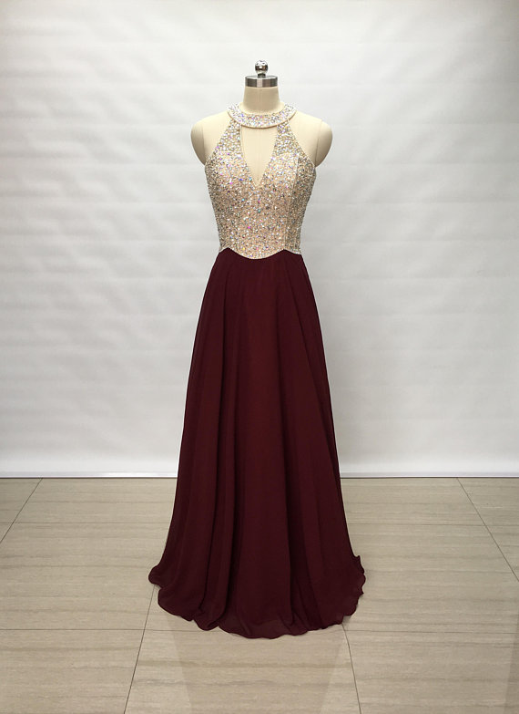 Charming Long Burgundy Chiffon Prom Dresses Featuring Halter Neckline -- Sexy Beaded Formal Dress, Party Dresses