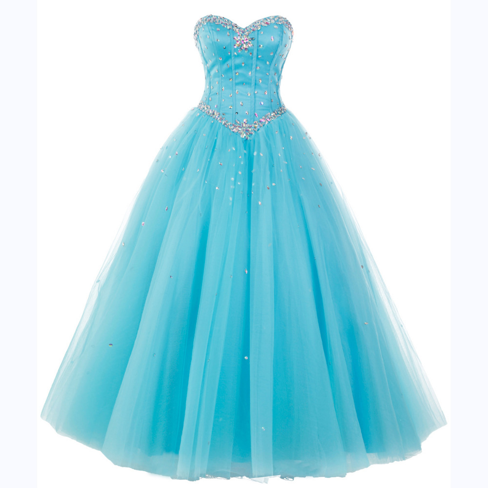 Blue Long Tulle Formal Dress Featuring Rhinestone Bodice And Lace-Up Back,Long Elegant Prom Dresses