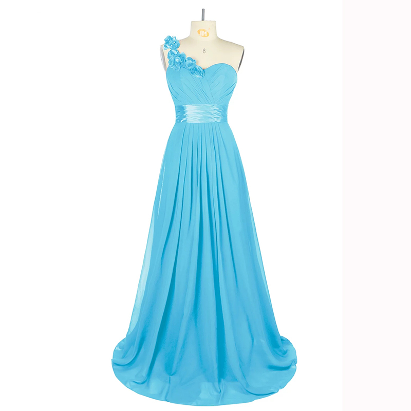 Light Blue Long Chiffon Floral One Shoulder Formal Party Dress ,long