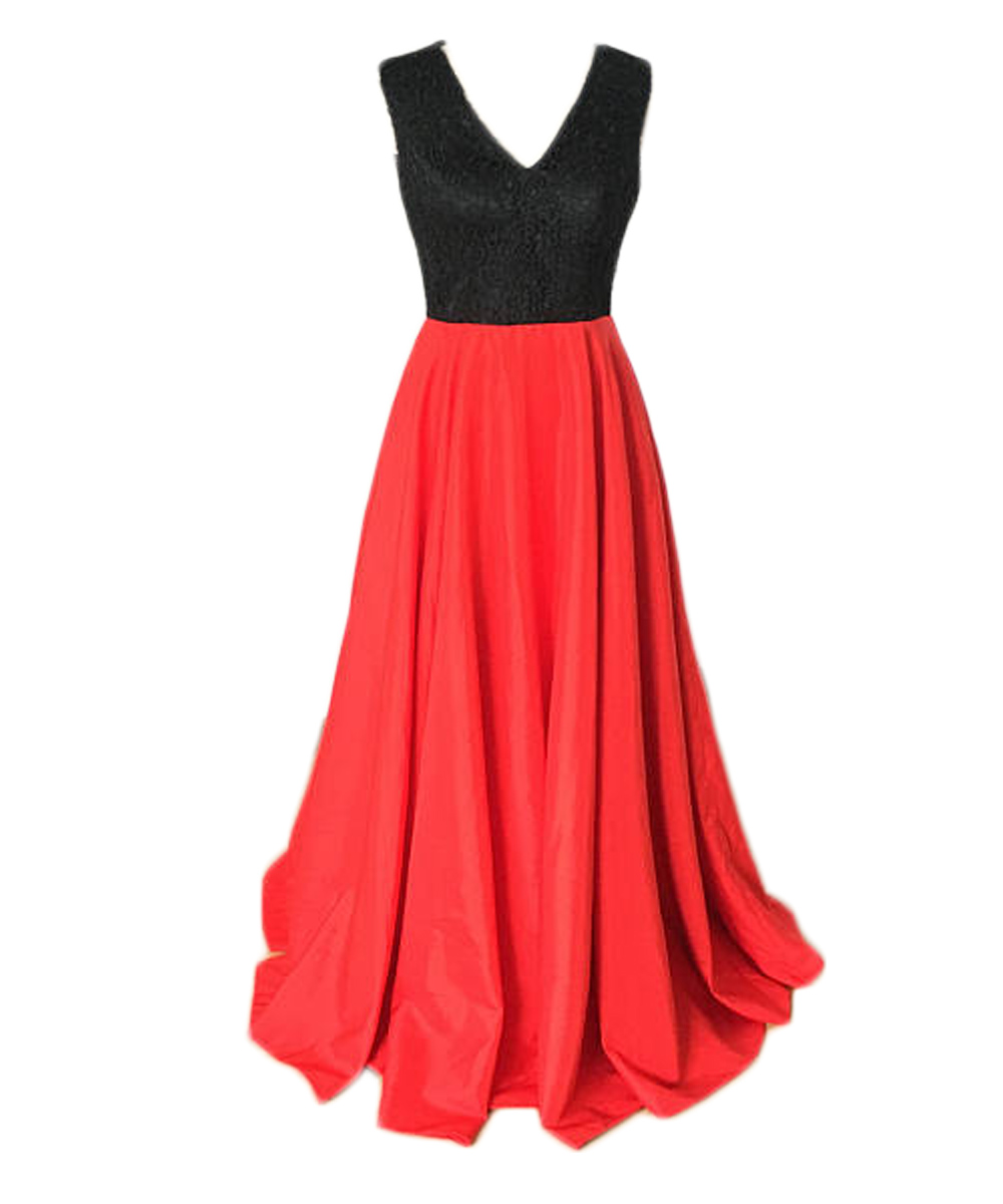 Charming Red And Black A Line Prom Dresses Satin Evening Gowns With V Neck And Beaded Bodice