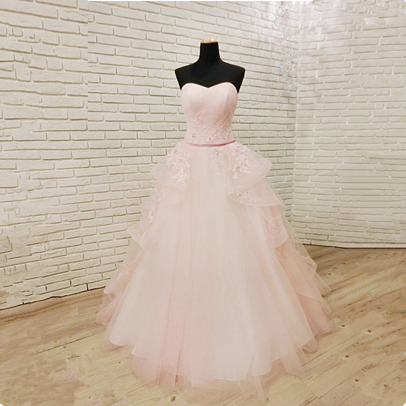 Amazing Tulle Floor Length Strapless Pink Prom Dress ,lace Applique Prom Dresses With Belt, Party Dresses, Evening Dresses, Long Prom Dress 2018