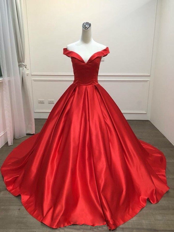 Red Satin Floor Length V Neck Prom Dress, Party Dresses, Chapel Train Evening Dresses, Long Prom Dress 2018