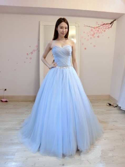 Long Light Blue Tulle Prom Dress With Beaded Bodice,floor Length Party Dresses,ball Gown, Long Sweetheart Prom Dresses 2018
