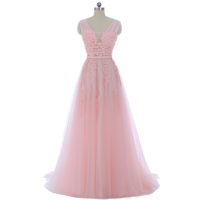 Long Pink Tulle Prom Dress With Lace Applique Bodice,floor Length Party Dresses, Long A Line V Neck Prom Dresses 2018