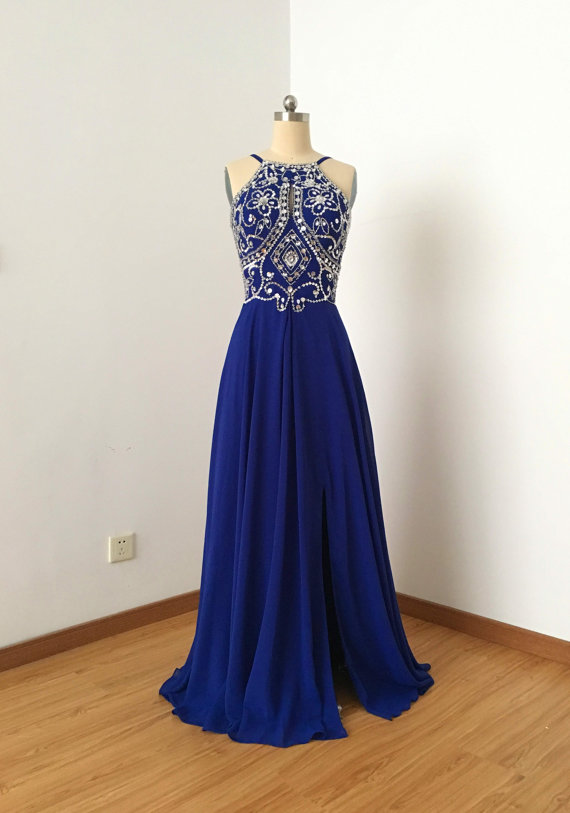 Sexy Royal Blue Evening Dresses Long Elegant Chiffon Prom Dress With Beaded Bodice And Side Split,formal Gowns