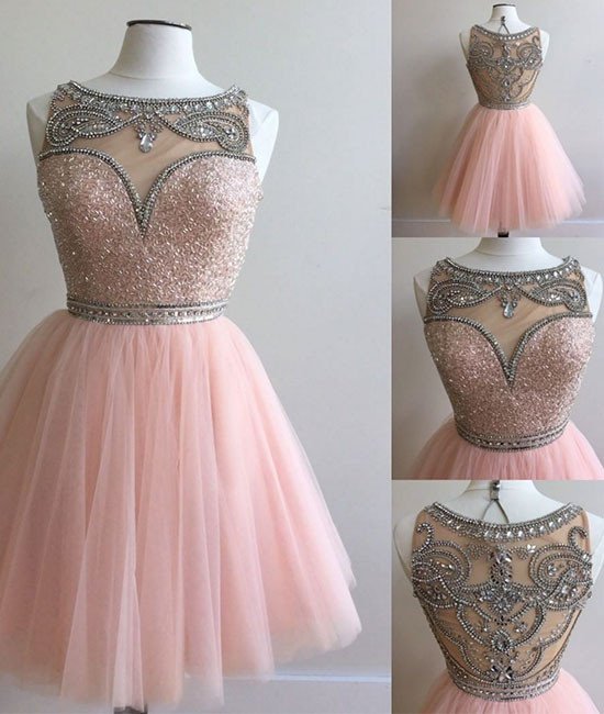 Pink Beaded Tulle Homecoming Dresses With Sheer Neck,short Prom Dresses