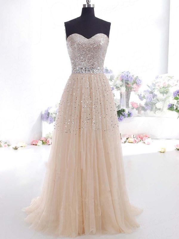 Long Champagne Prom Dresses With Beaded Sweetheart Neckline And Belt