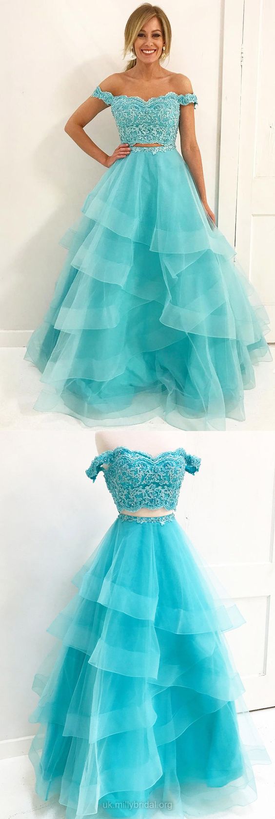 Brilliant Long Blue Evening Dress Featuring Off The Shoulder,2 Piece Prom Dress