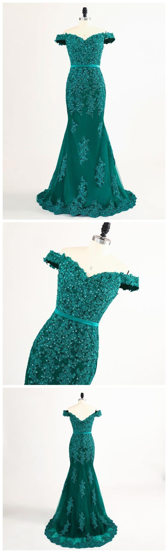Lace Applique Teal Mermaid Evening Dress Featuring Off The Shoulder, Long Prom Dresses