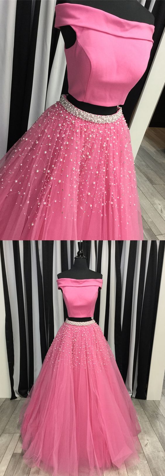 Marvelous Pink Two Piece Prom Dresses Featuring Boat Neck And Tulle Skirt