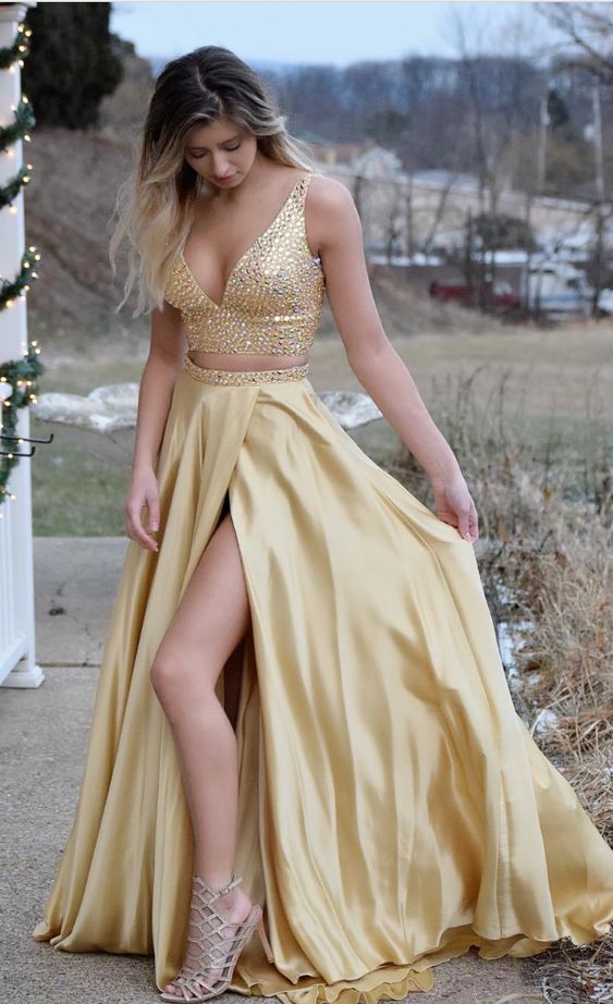 2 piece rose gold prom dress