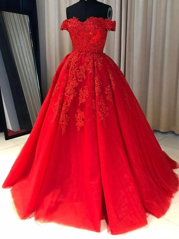 Sexy Red Prom Dresses Tulle Off The Shoulder Tulle Long Ball Gown Evening Formal Gowns