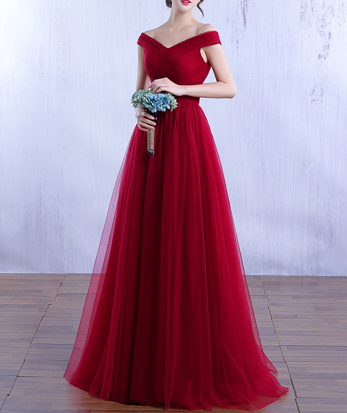 Elegant Long Burgundy Prom Dresses Off The Shoulder Tulle Long A-line Evening Formal Gowns