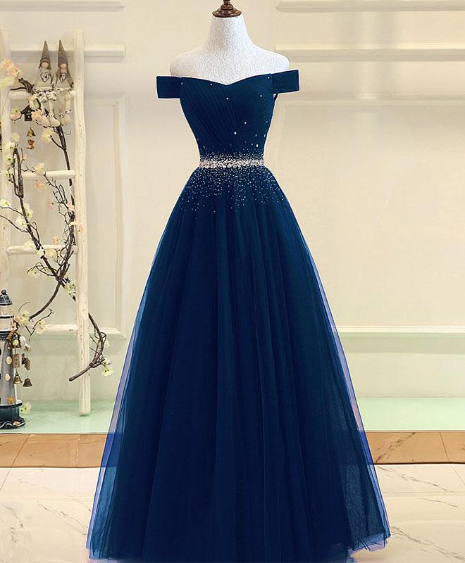 Elegant Long Navy Blue Prom Dresses Off The Shoulder Tulle Long A-line Evening Formal Gowns