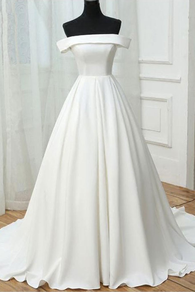 Long White Prom Dresses Boat Neck Long A-line Evening Formal Gowns
