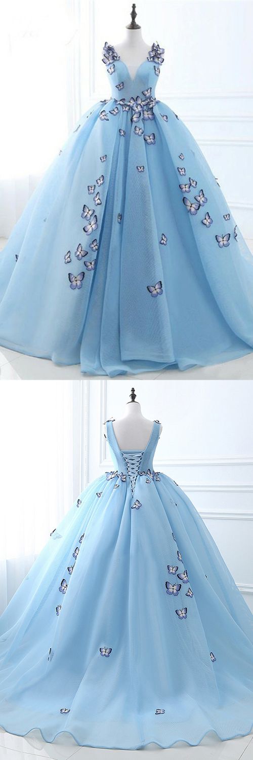 Prom Dresses Long Lace-up Back Blue Organza Formal Gowns With Butterfly Pattern, Floor Length V Neckline Evening Dress