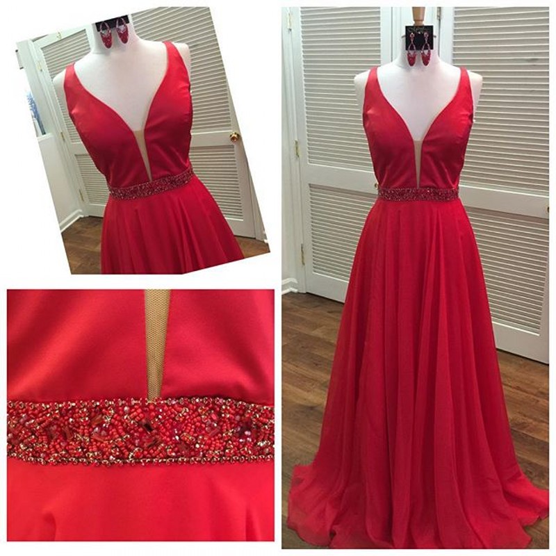 2018 Red Chiffon Prom Dress,party Dresses,sexy Long Plunge V Evening Dresses,formal Red Carpet Dresses