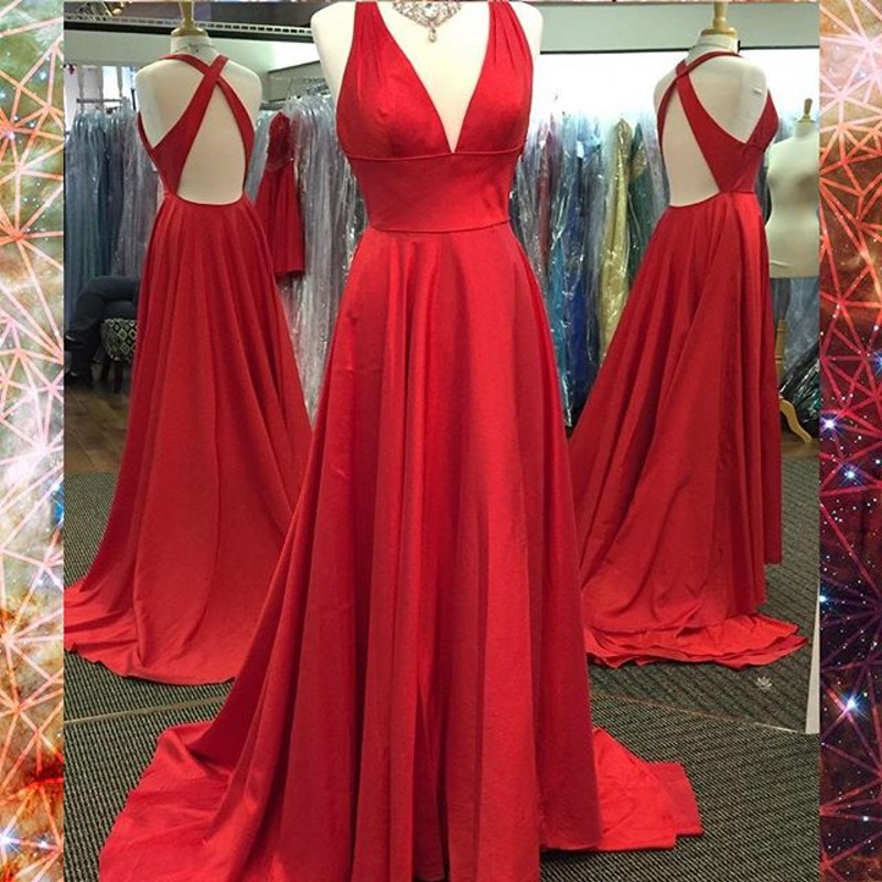 Formal Red Carpet Dresses,sexy Cross Back Deep V Neck Red A-line Prom Dresses