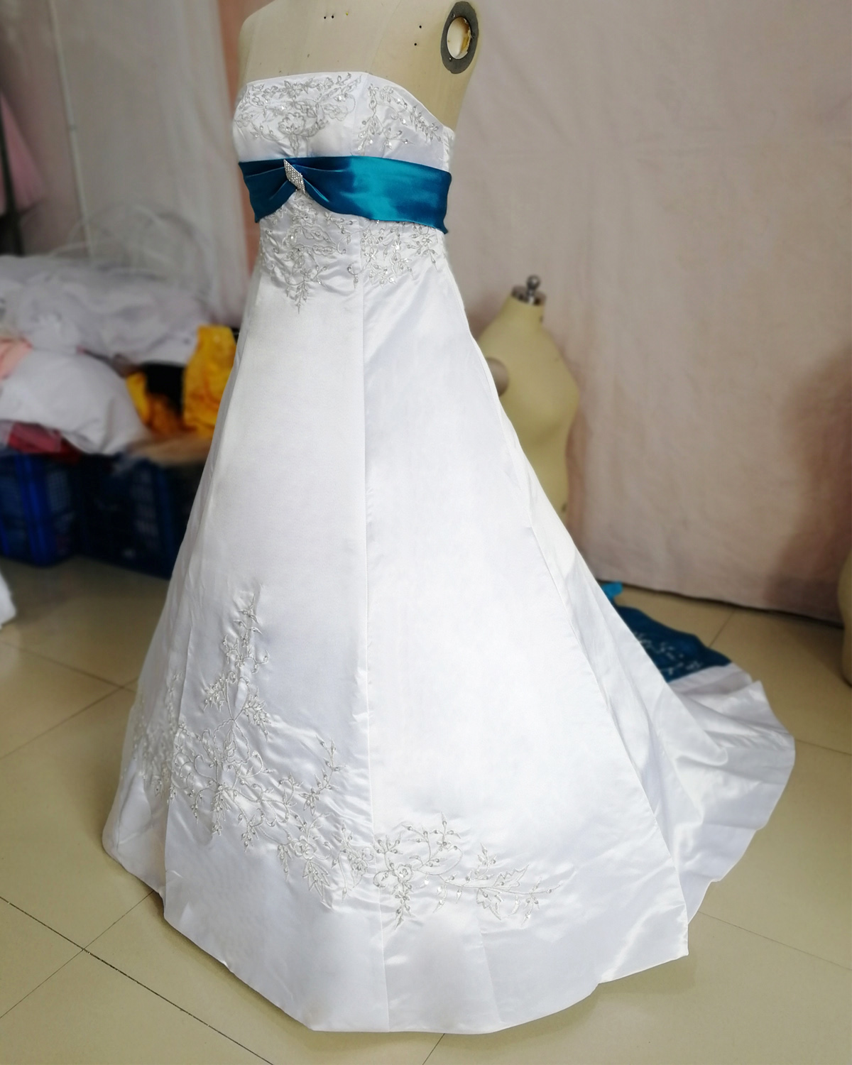 Wedding dress with royal blue outlet accents