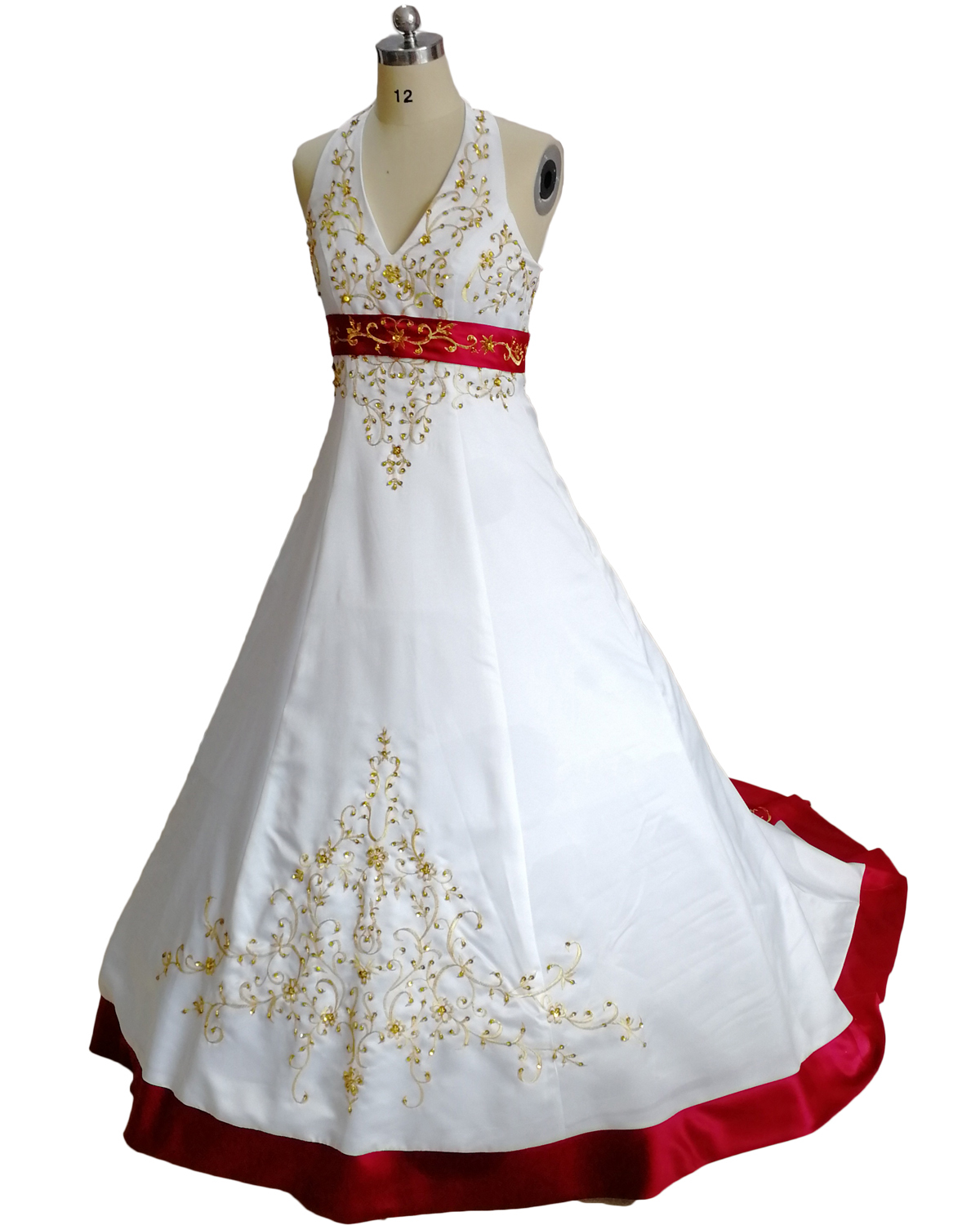 Long Elegant Halter Neckline Gold Embroidery Wedding Dresses ,long Elegant Satin Wedding Gowns,bridal Gown