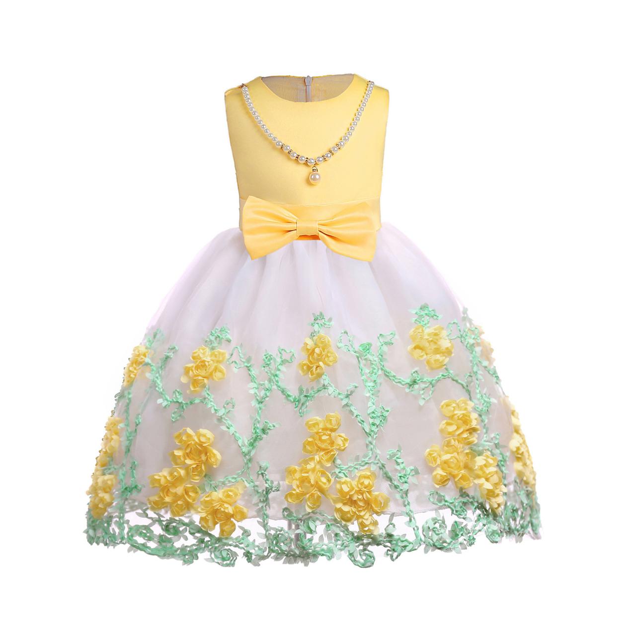 Fashion Yellow Tea Length Floral Flower Girl Dresses With Bow ,first Communion Dresses For Girls