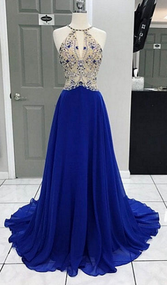 Royal Blue Evening Dresses Long Elegant Halter Chiffon Beaded Prom Dress Formal Gowns