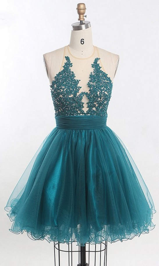 Custom Made Teal O Neckline Tulle Lace Applique Short Bridesmaid Dress