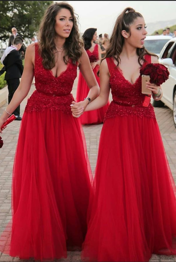 Elegant Long Lace Lique Red Bridesmaid Dresses With V Neck And Belt