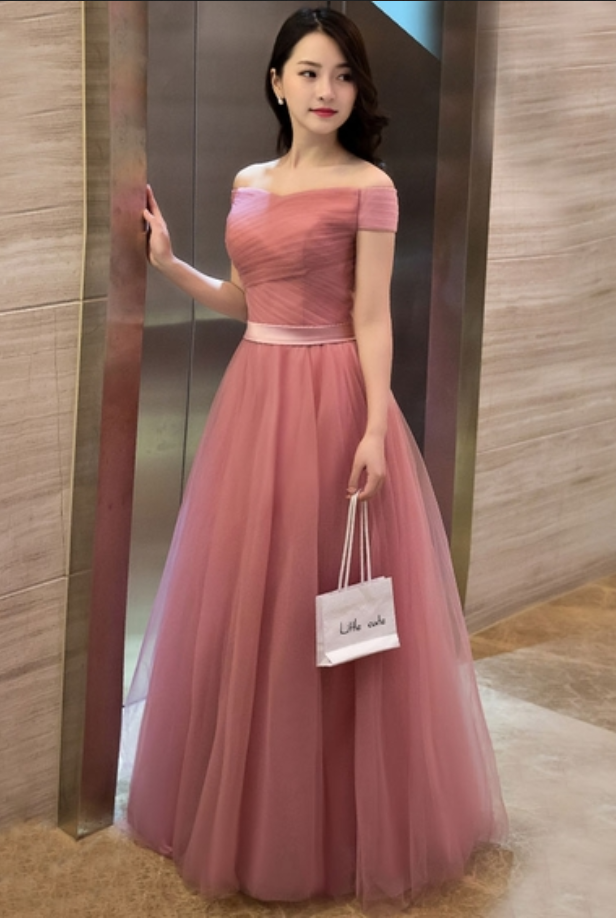 Blush Pink Long Tulle Party Dresses,long Elegant Prom Dresses