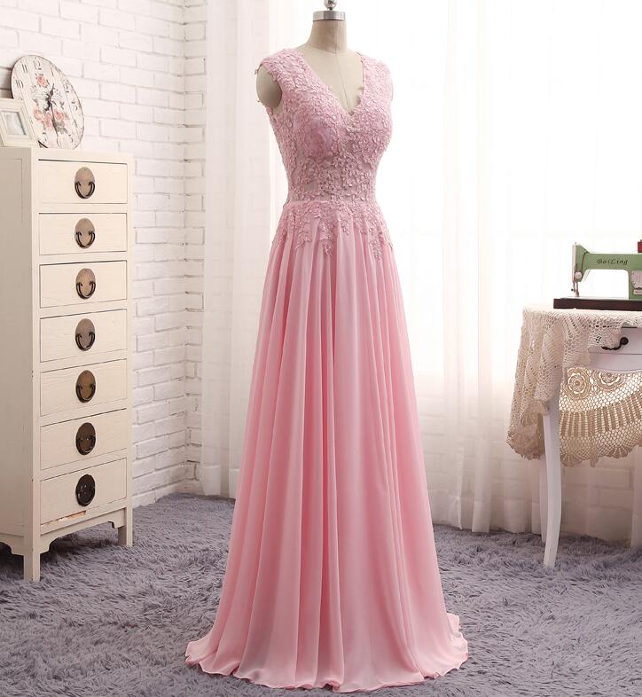 Floor Length Pink Chiffon Party Dresses,long Elegant Prom Dresses